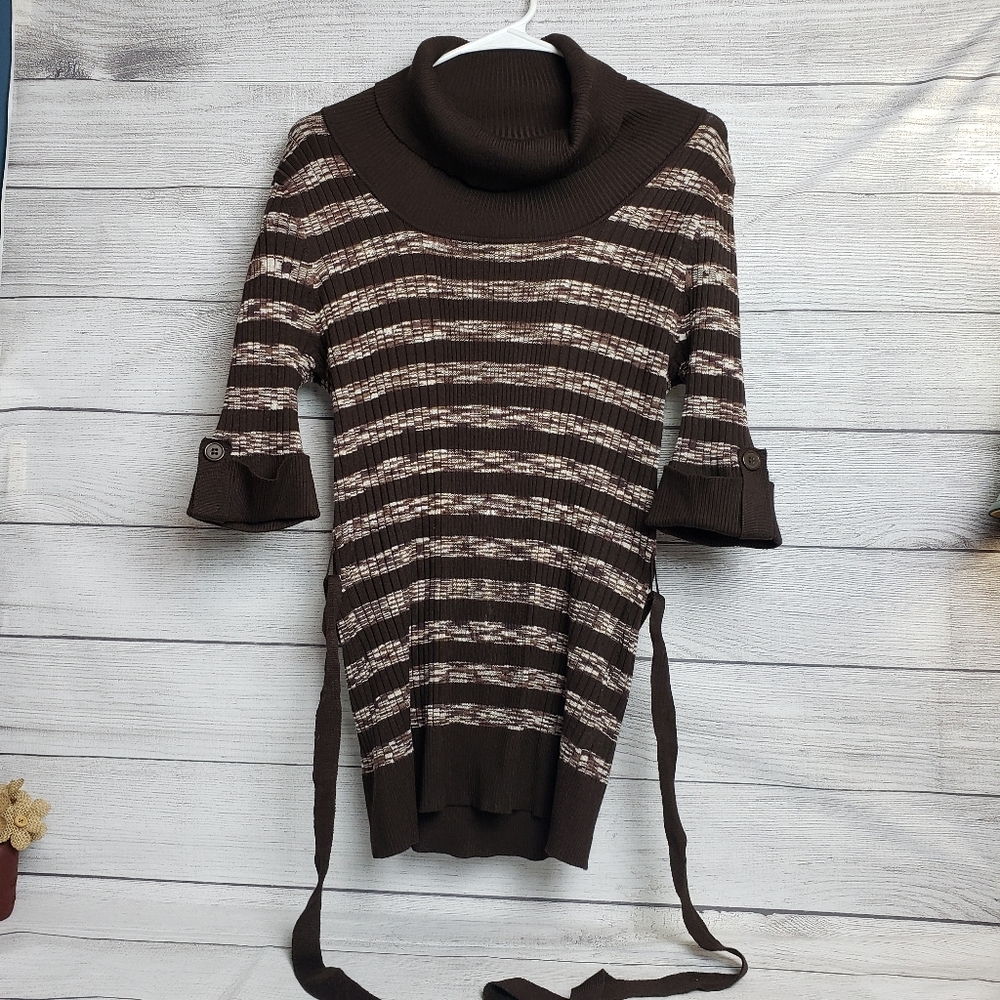 Carolyn Taylor Brown Cream Striped Scoop Neck‎ Belted Sweater Top Womens XL